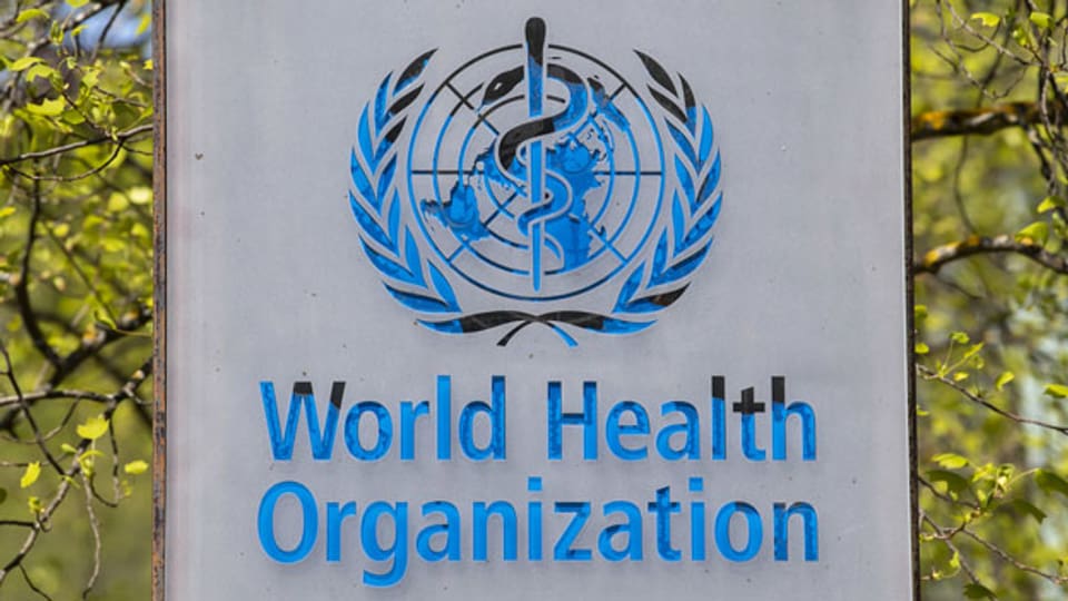 Das Logo am Eingang zur WHO in Genf.