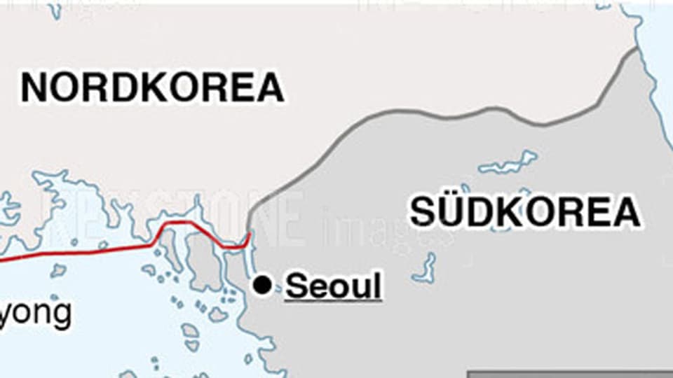 Symbolbild. Ausschnitt einer Karte mit der Grenze zwischen Süd- und Nordkorea.