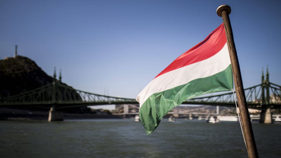 Die ungarische Fahne weht über der Donau in Budapest.
