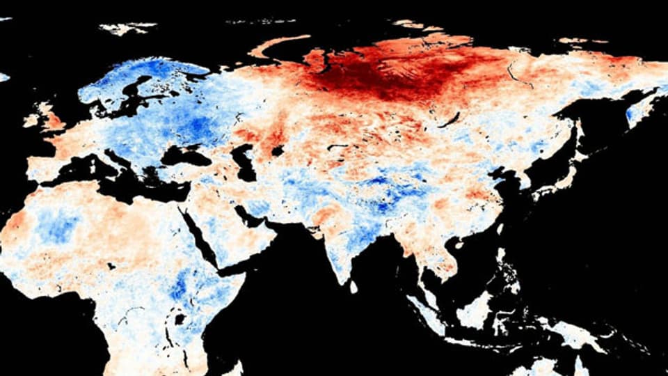 Diese Karte der Nasa zeigt, wo es im Mai wärmer (rot) oder kälter (blau) als im langjährigen Durchschnitt war. MODIS/NEO