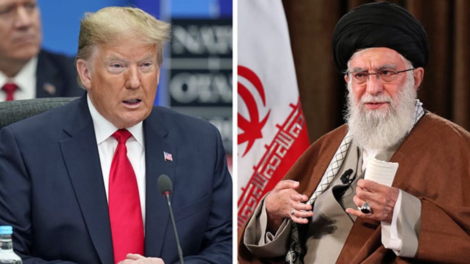 US-Präsident Donald J. Trump (li.) während eines NATO-Gipfels in London und den iranischen Staatschef Ali Khamenei, während einer Live-Fernsehansprache in Teheran, Iran. Archivaufnahmen.