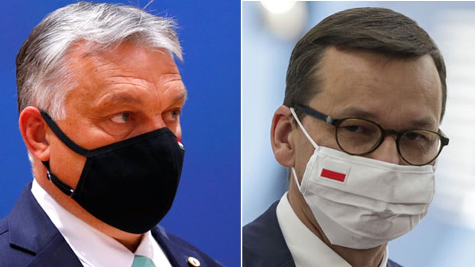  Die Ministerpräsidenten von Ungarn und Polen, Viktor Orban (links) und Mateusz Morawiecki leisten Widerstand gegen die Koppelung von EU-Geldern an die Rechtsstaatlichkeit.