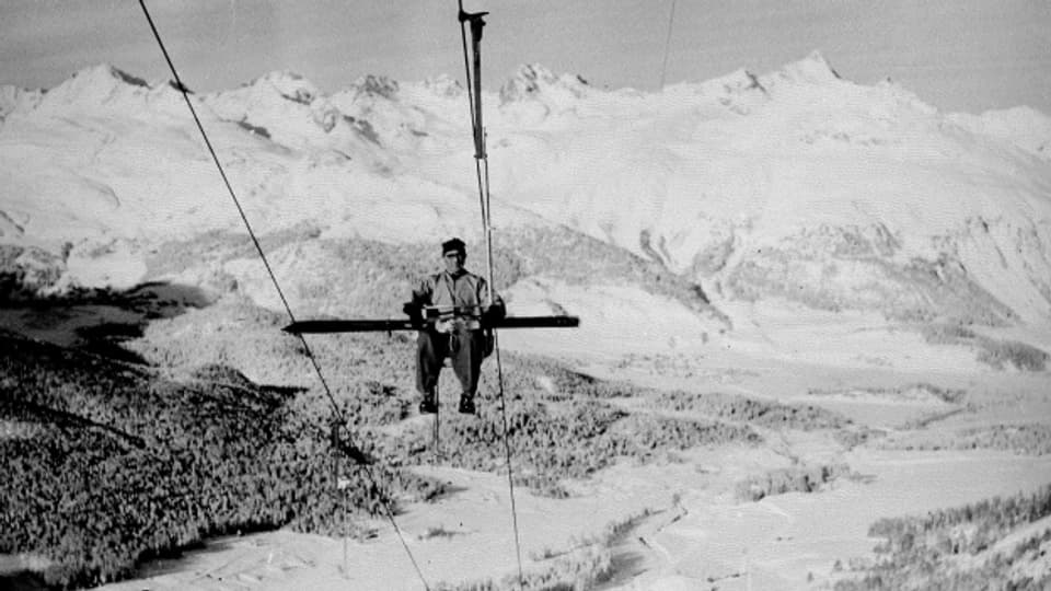 Sessellift bei Pontresina, schätzungsweise um 1946/47.