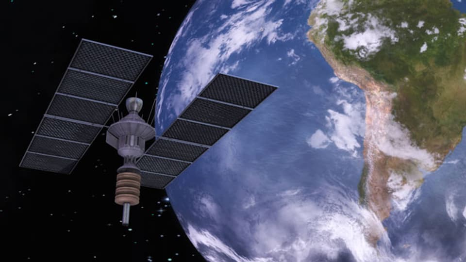 Symbolbild. Eine Illustration eines Satelliten, welcher die Erde umkreist.