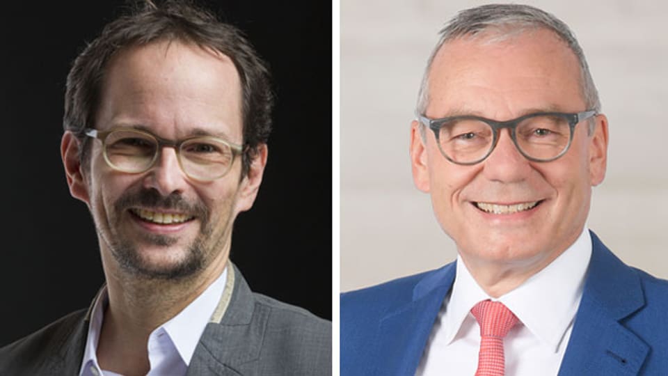Balthasar Glättli, Nationalrat und Präsident der Grünen Partei (links) und Ruedi Noser, FDP-Ständerat und Klimapolitiker.