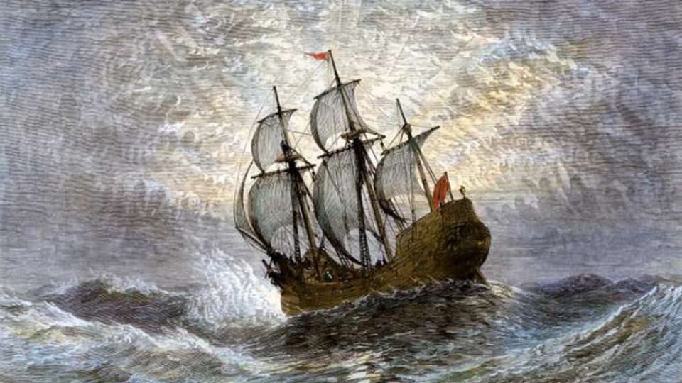 Die Mayflower zur See, 1620. Handbemalter Holzschnitt.