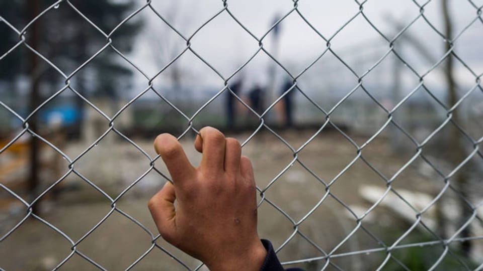 Ein Kind hält sich an einem Zaun im Flüchtlingslager in Idomeni, Griechenland fest.