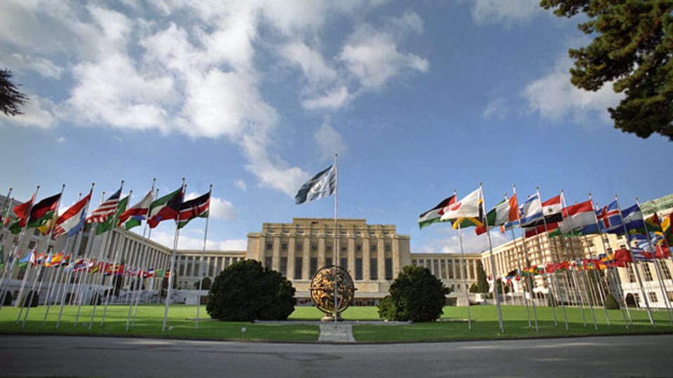 Flaggen der UNO-Mitgliedstaaten wehen vor dem Palais des Nations, dem UNO-Sitz in Genf.