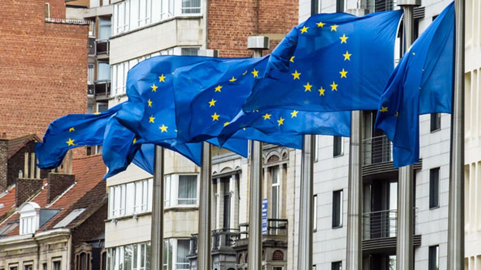 EU-Fahnen vor dem Parlament in Brüssel.
