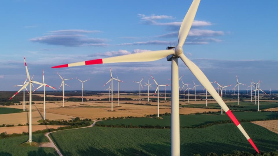 Blick über den Windenergiepark «Odervorland» im Landkreis Oder-Spree. Investitionen in erneuerbare Energien im Ausland sind attraktiv.