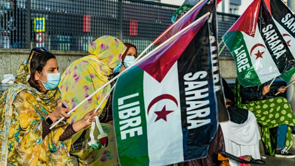 Frauen halten saharauische Fahnen während einer Demonstration zur Unterstützung der Anerkennung der Unabhängigkeit der Arabischen Demokratischen Republik Sahara.