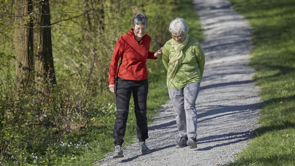 Gestellte Aufnahme: Zwei Frauen spazieren auf dem Sonnenberg, Kriens, im Kanton Luzern.