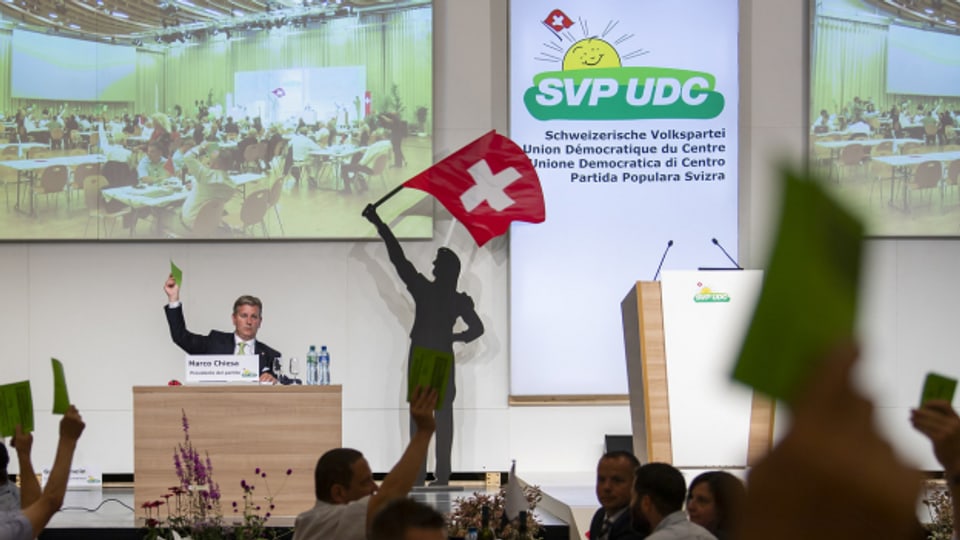 SVP-Präsident Marco Chiesa während der Delegiertenversammlung seiner Partei am 21. August 2021.