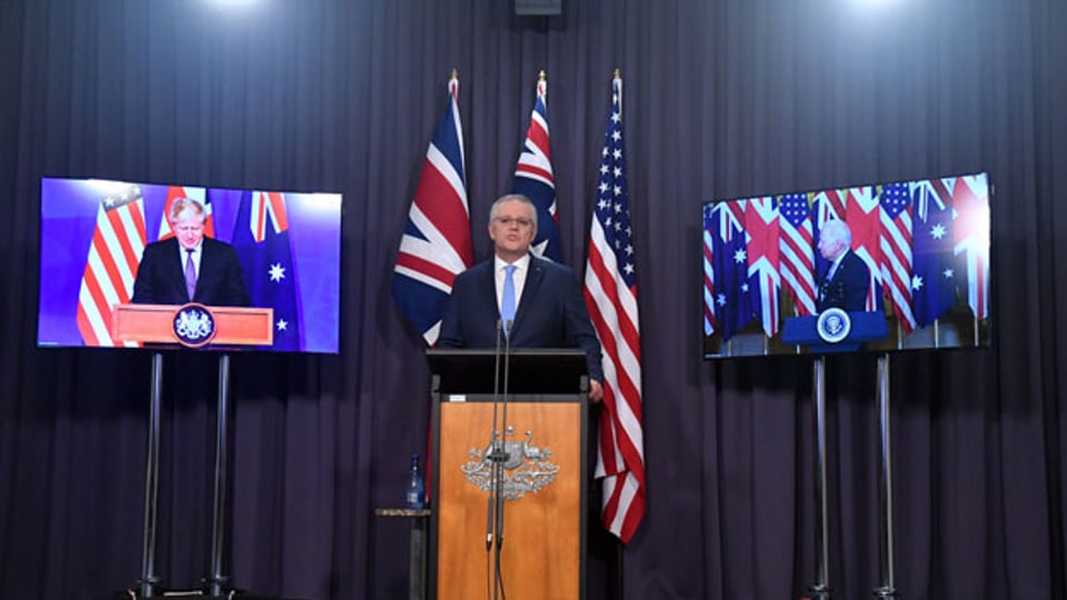 Boris Johnson, Premierminister Grossbritannien, Scott Morrison, Premierminister Australien und Joe Biden, US-Präsident (von links nach rechts).