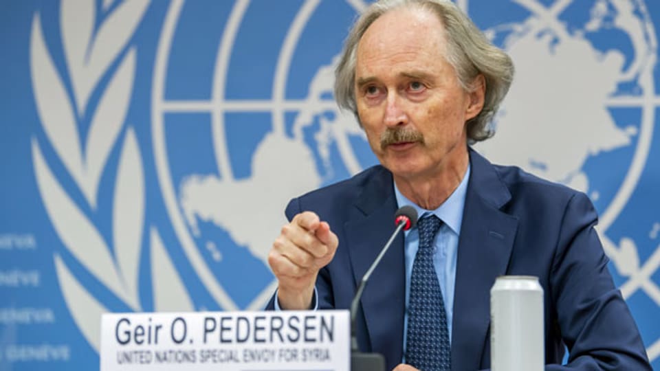 Geir O. Pedersen, UN-Sondergesandter für Syrien, an einer Pressekonferenz im europäischen Hauptquartier der Vereinten Nationen in Genf.