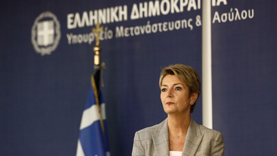Die Schweizer Justiz- und Polizeiministerin Karin Keller-Sutter in Athen, Griechenland, am 22. Oktober 2021.