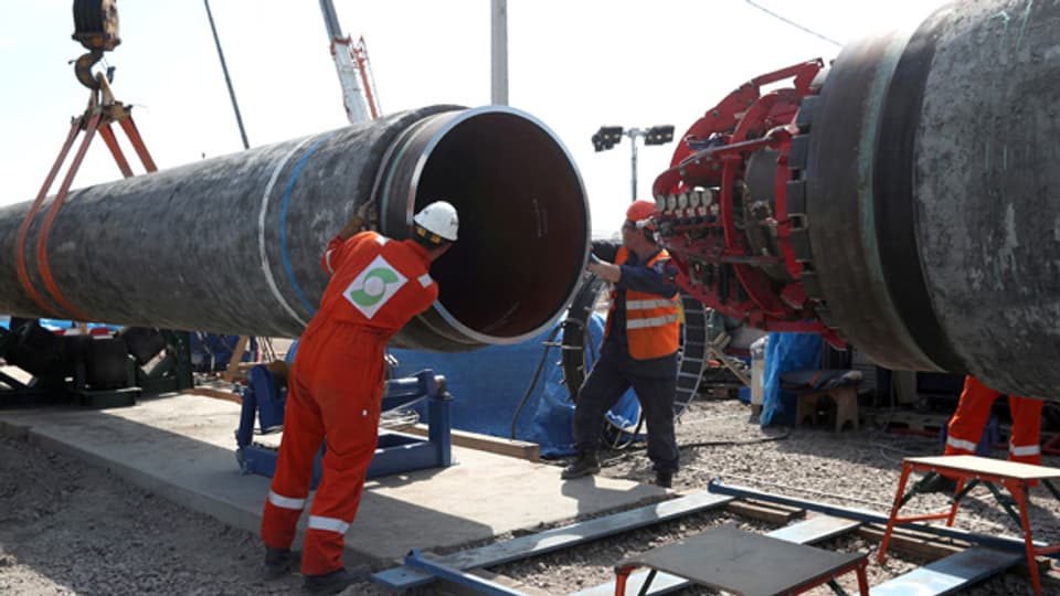 Arbeiter auf der Baustelle der Nord Stream 2-Gaspipeline in der Nähe der Stadt Kingisepp, Region Leningrad, Russland, am 5. Juni 2019.