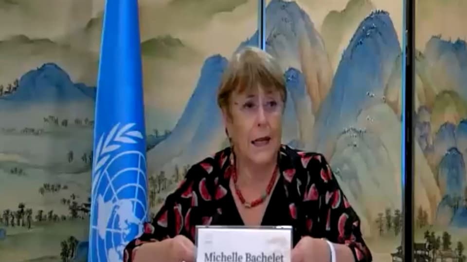 Uno-Menschenrechtskommissarin Michelle Bachelet an der Pressekonferenz in Guangzhou am 28. Mai 2022.