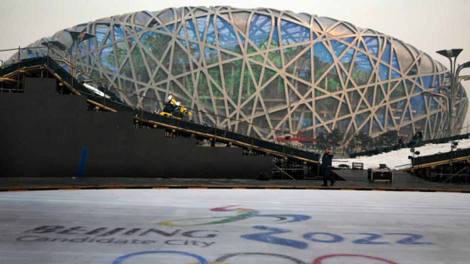 Das chinesische Nationalstadion, Bird's Nest. Hier werden die Eröffnungs- und Schlusszeremonie der Winterspiele von Peking über die Bühne gehen.