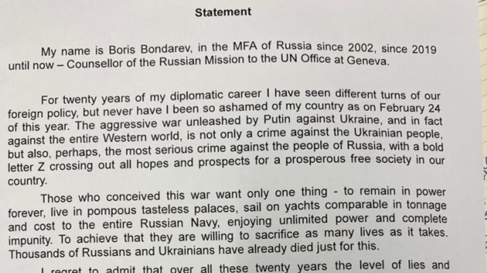 Das Rücktrittsschreiben von Boris Bondarew kursiert auf Twitter.