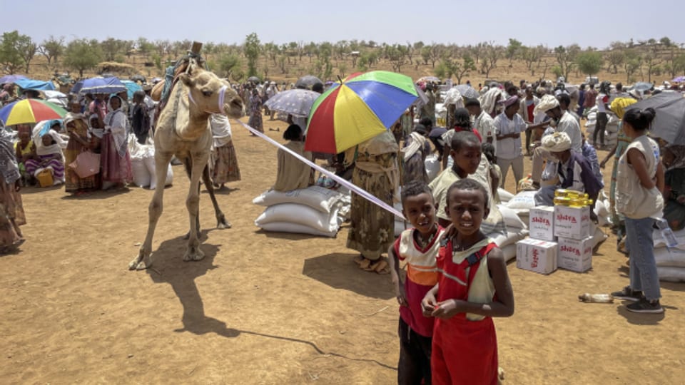 Kinder bei einer Nahrungsmittelverteilstelle in der umkämpften äthiopischen Region Tigray. Sieben Millionen Menschen in dem Land sind akut vom Hungertod bedroht.