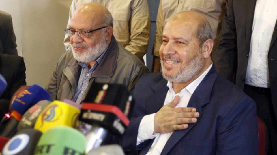 Vertreter der Hamas und Syriens an einer Medienkonferenz in Damaskus.