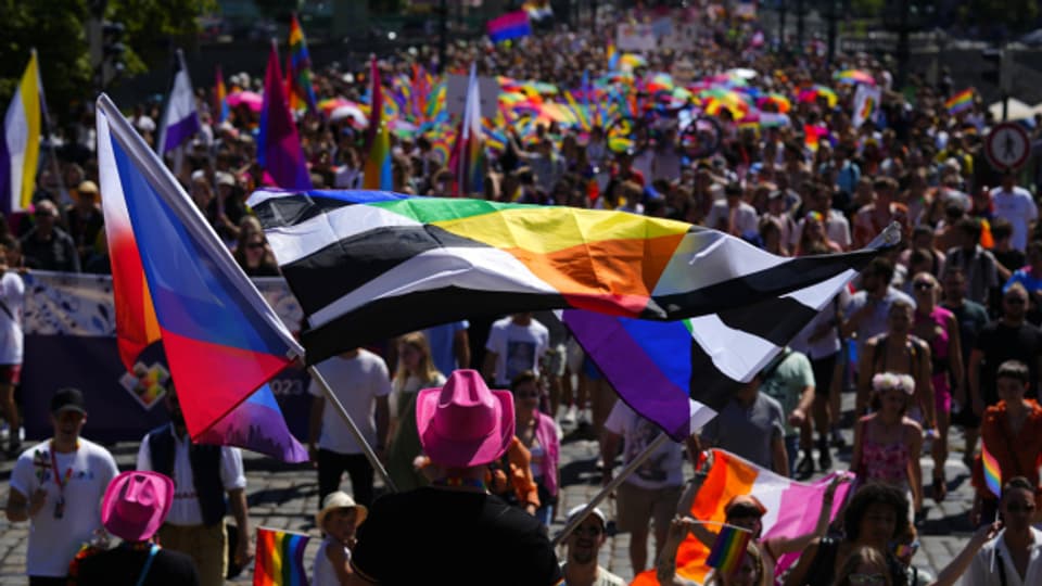 Menschen marschieren an einer LGBTQ-Parade in Prag.