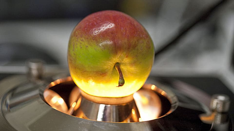 Qualitätsmessung eines Apfels mit Infrarot-Licht in der Forschungsanstalt Agroscope in Wädenswil.