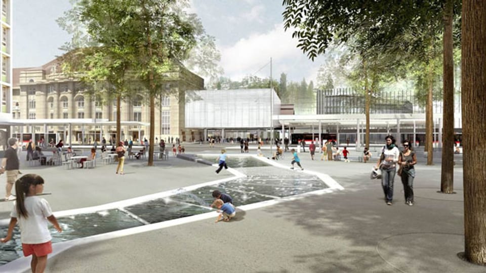 Der neue Bahnhofplatz mit künstlichem Wasserlauf auf dem Kornhausplatz.