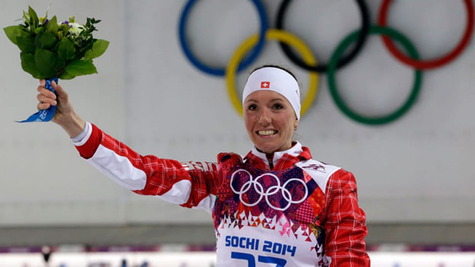 Die Bünderin Selina Gasparin gewann die Silbermedaille für Biathlon 15 km Einzelrennen der Frauen, bei den Olympischen Winterspielen 2014, am 14. Februar 2014, in Krasnaja Poljana, Russland.
