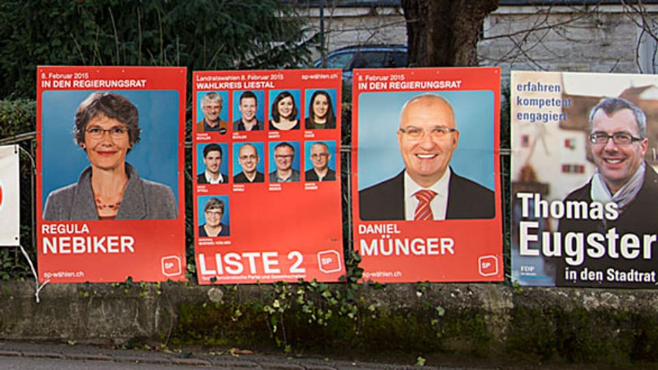 Wahlplakate in den Strassen von Liestal am Montag, 5. Januar 2015. Die Landrats- und Regierungsratswahlen im Kanton Basel-Landschaft finden am 8. Februar 2015 statt.