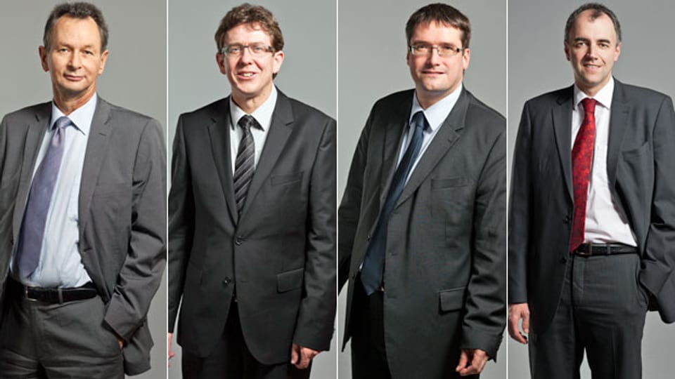 FDP-Präsident Philipp Müller, SVP-Wahlkampfleiter Allbert Rösti, SP-Präsident Christian Levrat und CVP-Präsident Christophe Darbellay.
