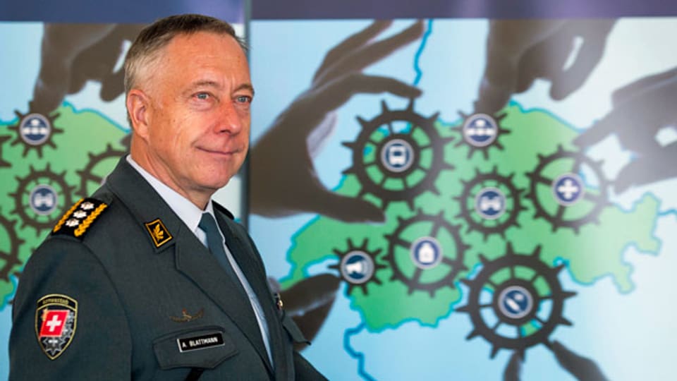 Korpskommandant Andre Blattmann, Chef der Armee, anlässlich der Medienkonferenz am Schlussanlass der Sicherheitsverbundübung im November 2014.