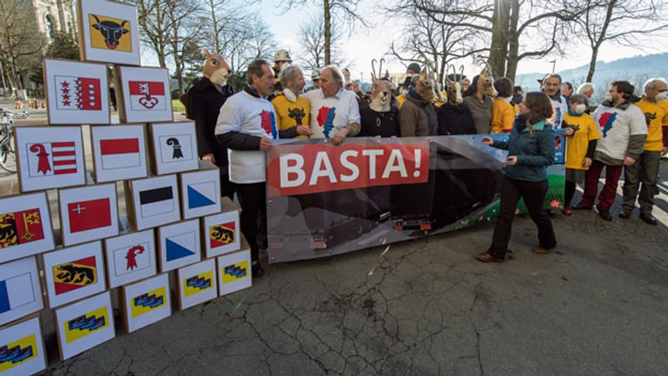 Aktivistinnen und Aktivisten des Referendumskomitees deponieren am 13. Januar 2015 die Unterschriften gegen eine zweite Gotthardröhre vor der Bundeskanzlei in Bern.