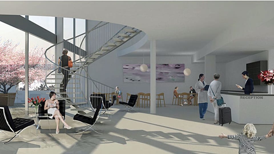 Visualisierung der Réception im neuen Spital-Hotel von Lausanne.