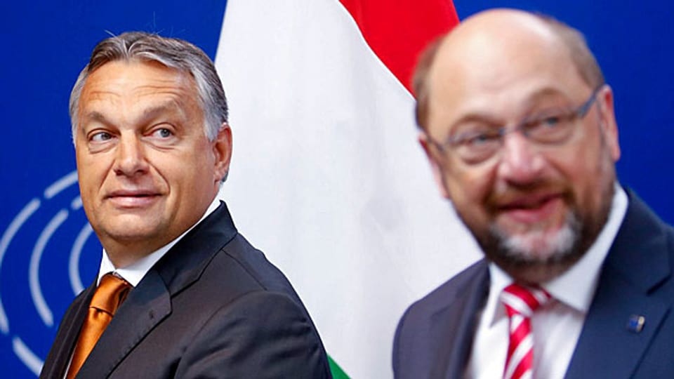 Ungarns rechtsnationaler Premier Orban hat bei seinem Besuch in Brüssel kein Blatt vor den Mund genommen. Bild: Orban und EU-Parlamentspräsident Martin Schulz.