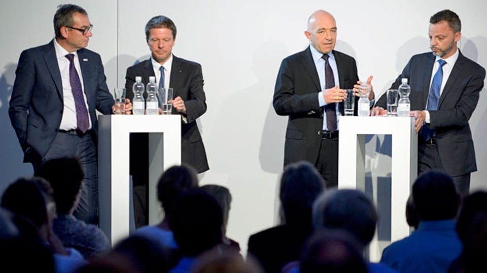 Vier von sieben Kandidaten: Ruedi Noser, FDP, und Martin Bäumle, GLP; Daniel Jositsch, SP und Hans-Ueli Vogt.