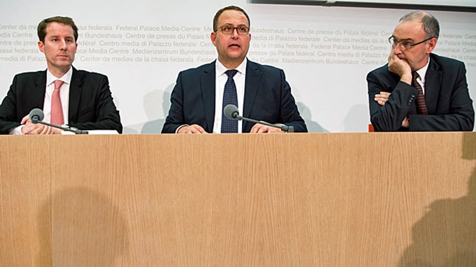 Die Bundesratskandidaten der SVP: Thomas Aeschi, Norman Gobbi und Guy Parmelin. Sie haben sich den Fragen von vier Bundeshaus-Fraktionen gestellt.