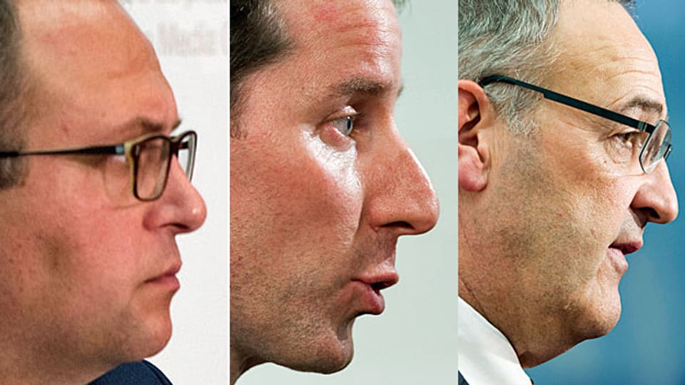 Profil zeigen - ein letztes Mal vor der Wahl sind die drei Kandidaten der SVP zum Hearing angetrabt: Norman Gobbi, Thomas Aeschi und Guy Parmelin.