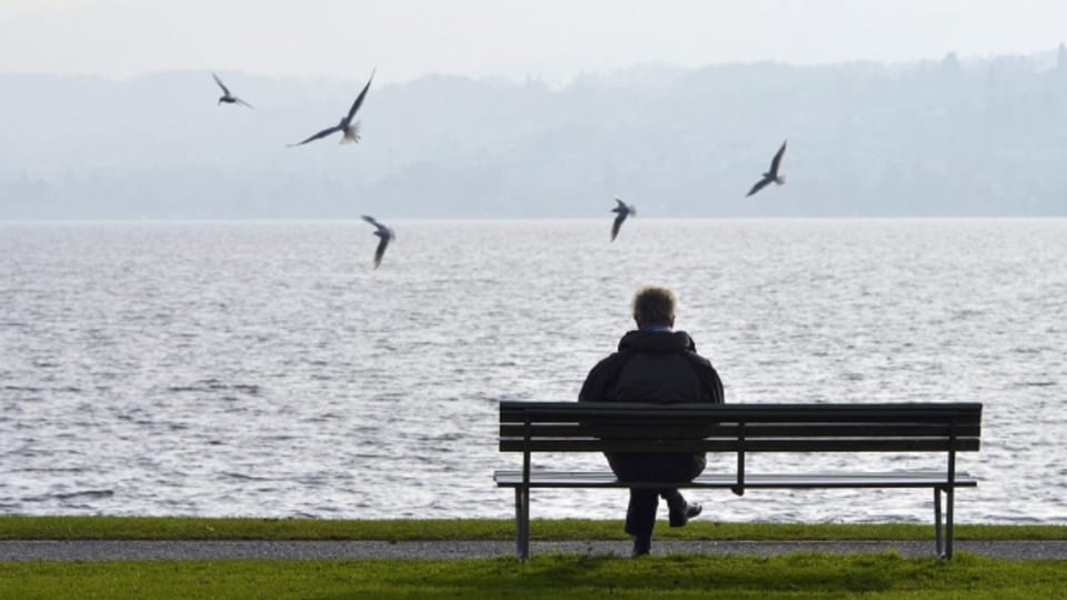 Mann auf Parkbank am Seeufer: allein ja, aber ist er auch einsam?
