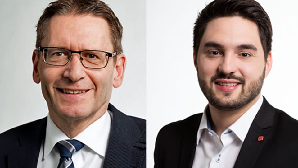 Der Solothurner CVP-Ständerat Pirmin Bischof (links) und Cedric Wermuth, SP-Nationalrat Aargau diskutieren über die Abstimmungsvorlage «Keine Spekulation mit Nahrungsmitteln».