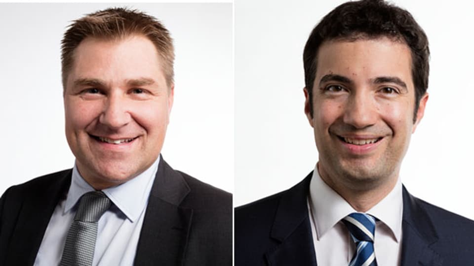 Toni Brunner, SVP-Parteipräsident (l) und Andrea Caroni, Ständerat der FDP des Kantons Apppenzell Ausserrhoden.