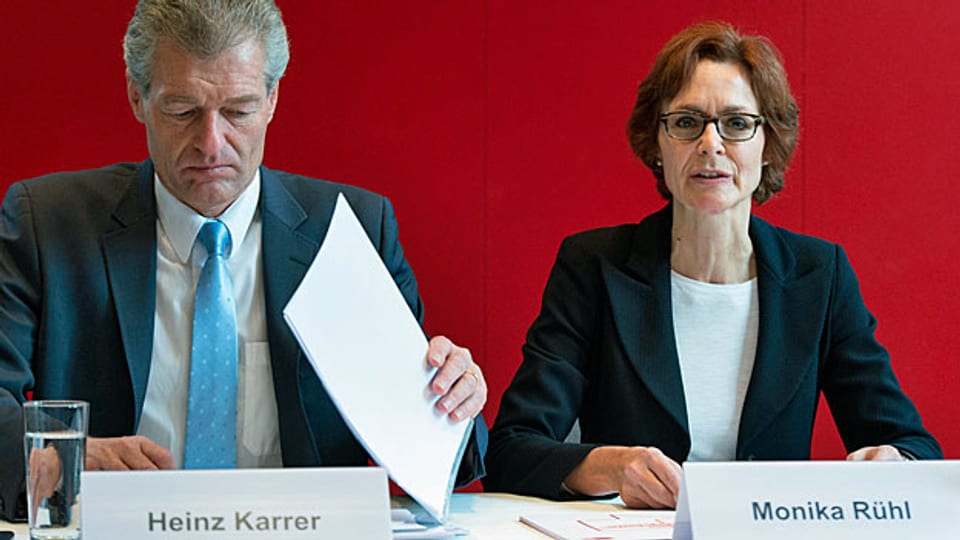 Heinz Karrer und Monika Rühl an der Jahres-Medienkonferenz von Economiesuisse.