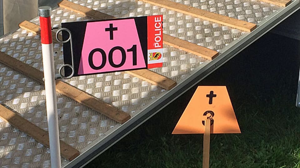 Rosa- und orangefarbene Plaketten mit einem schwarzen Kreuz und einer Nummer markieren Leichenfundstellen.
