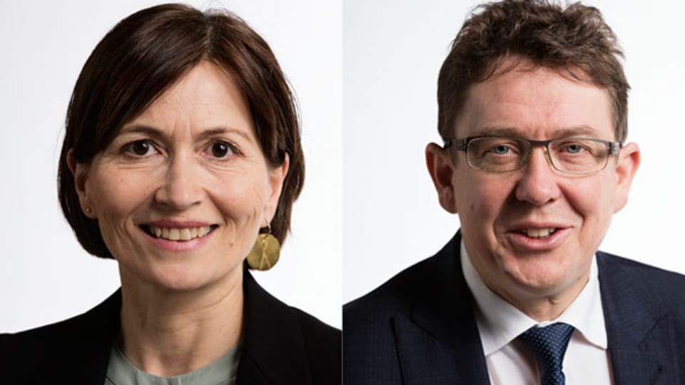 Die Präsidentin der Grünen Schweiz Regula Rytz und Albert Rösti, der Präsident der SVP diskutieren über die Atomausstiegs-Initiative über die am 27. November 2016 abgestimmt wird.