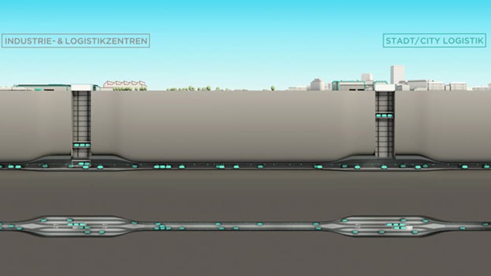 Die Computerillustration zeigt wie Cargo-sous-terrain-Fahrzeuge mit dem Lift im Tunnel ankommen und sich in den Verkehr eingliedern.