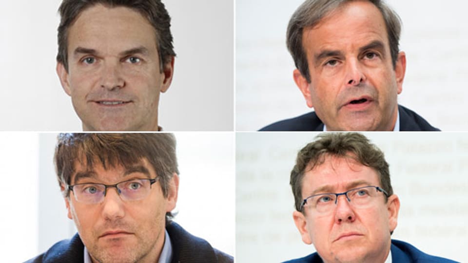 Der interimistische Fraktionschef der FDP Beat Walti, CVP-Präsident Gerhard Pfister, SP-Fraktionspräsident Roger Nordmann, SVP-Präsident Albert Rösti (im Uhrzeigersinn).