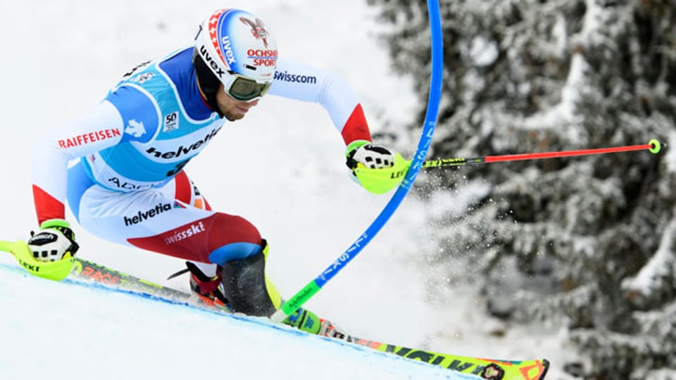 Der Schweizer Marc Gini im zweiten Lauf am Weltcup in Adelboden am 8. Januar 2017.
