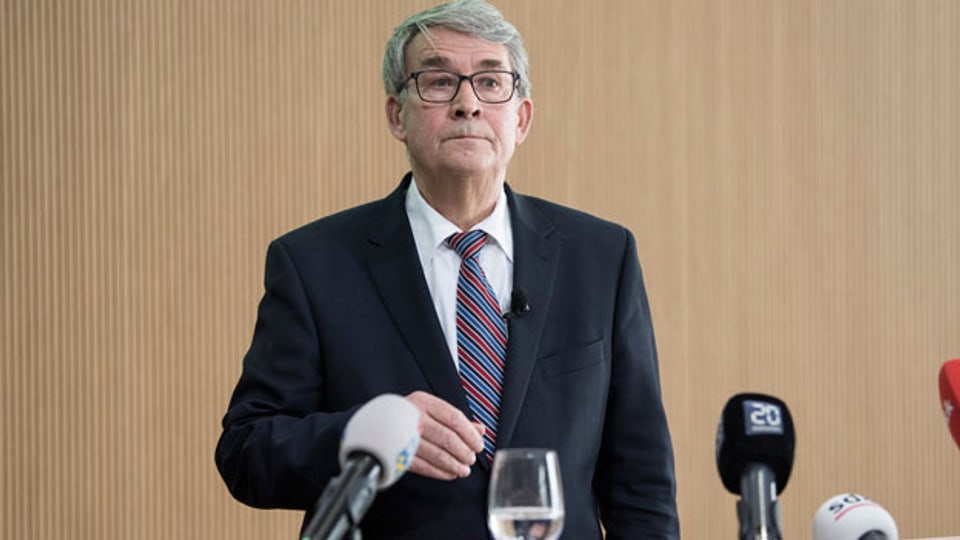 Urs Schwaller, Präsident des Verwaltungsrats, spricht an einem Point de Presse zu den Untersuchungen der Unregelmässigkeiten bei der Postauto AG am 8. März 2018 in Bern.