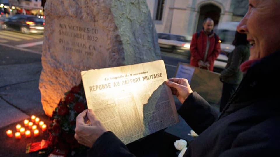 Denkmal in Genf zur Erinnerung an die Opfer der Schweizer Armee. Dreizehn Demonstranten wurden erschossen und sechzig schwer verletzt.